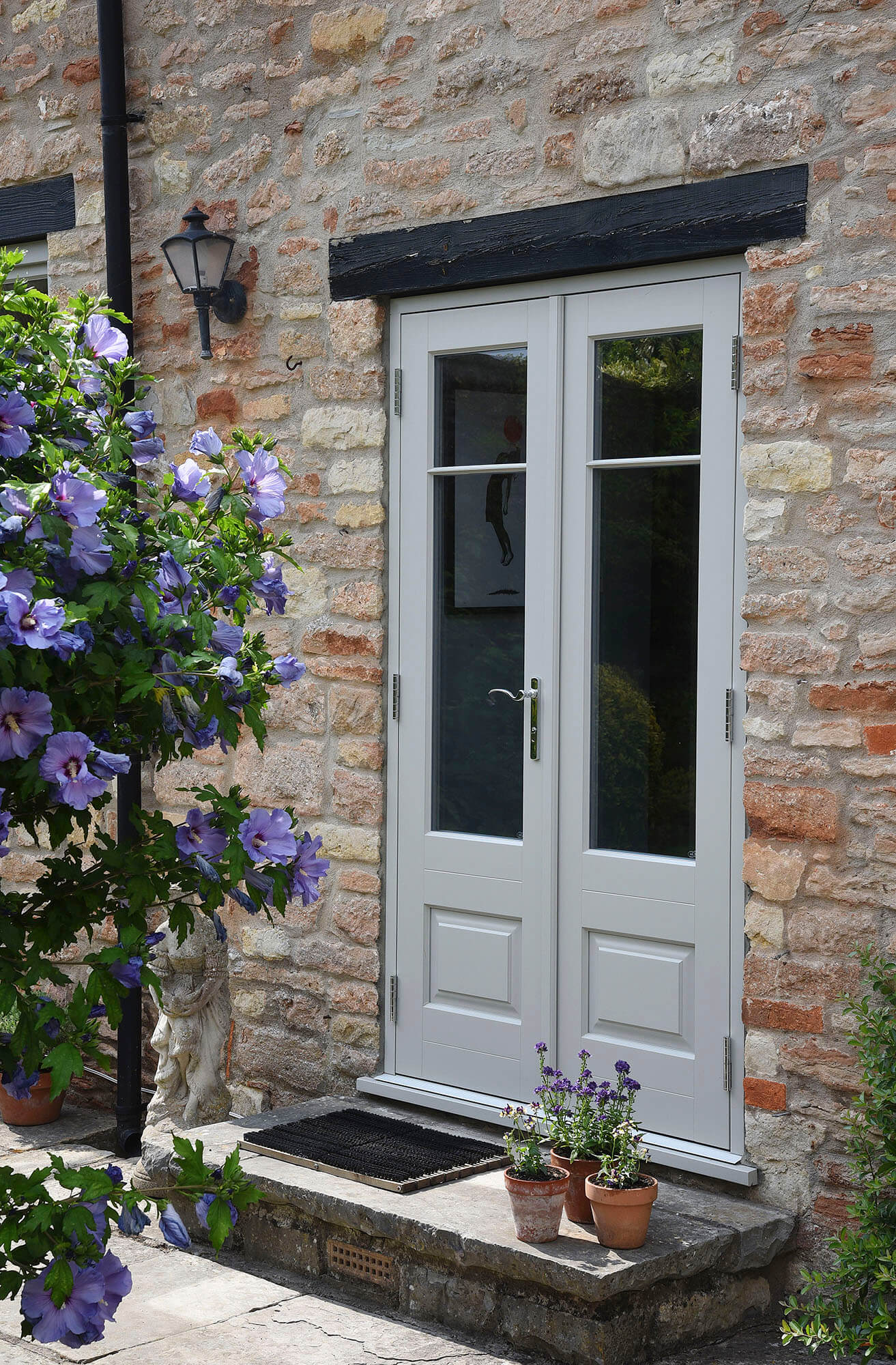 Grey timber french door